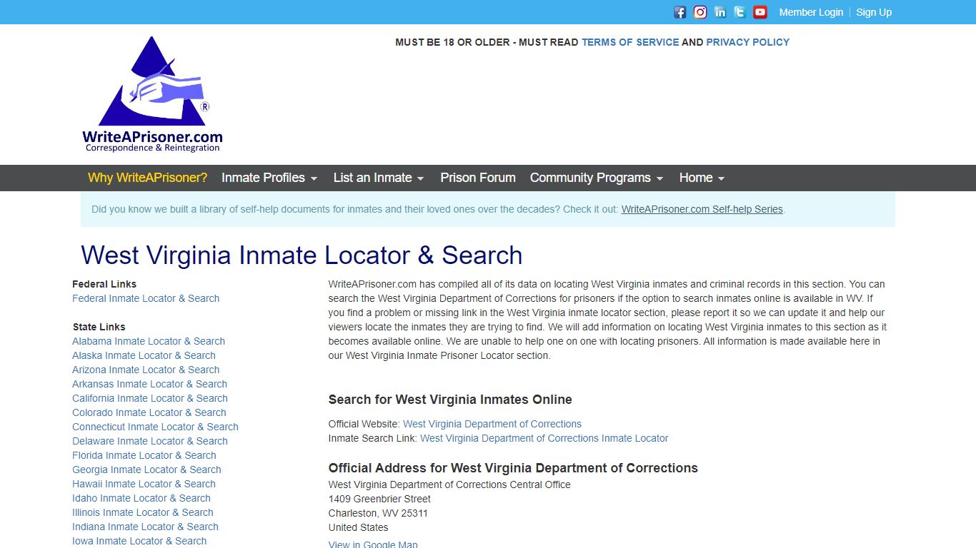 West Virginia Inmate Locator & Search | WriteAPrisoner.com
